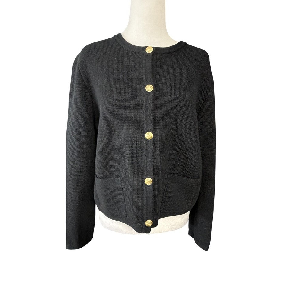 J.CREW Cardigan Sweater Womens M Black Cotton Gold Crest Buttons Pockets BQ197